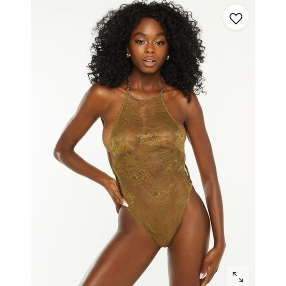 Chantilly Lace Halter Teddy Bodysuit Olive Gold Chain‎ Detail